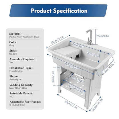 Freestanding Utility Sink Plastic Laundry Tub Spacious Sink with Storage Shelf Indoor Outdoor Wash Station for Bathroom Washing Room