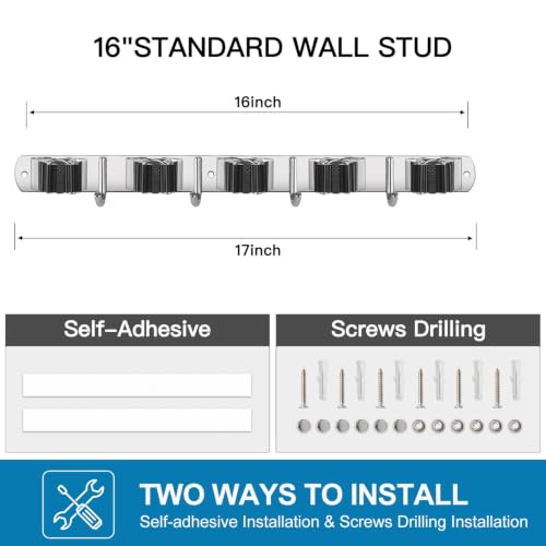 2 Pack Broom Holder Wall Mount Stainless Steel Mop Organizer (2 Count)