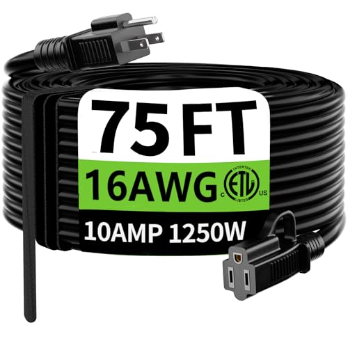 Indoor Outdoor Black Extension Cord 75 FT Waterproof 16
