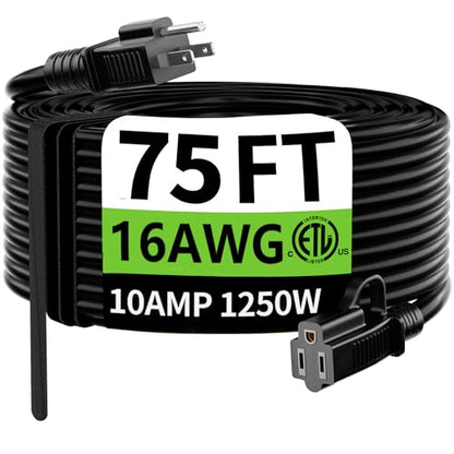 Indoor Outdoor Black Extension Cord 75 FT Waterproof 16