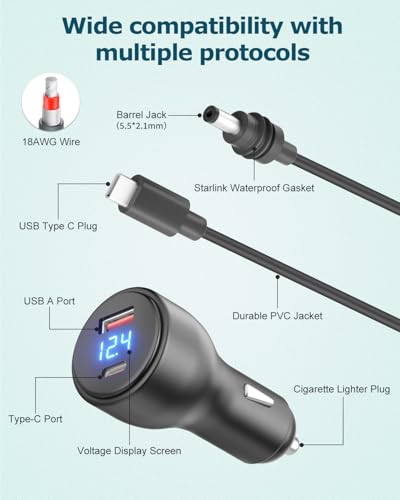 3 in 1 Starlink Mini Car Adapter 10FT 12V to 20V Cigarette Lighter Adapter