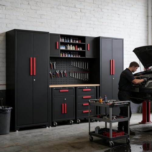 8 Piece Garage Cabinet Storage System with Workbench & Pegboard
