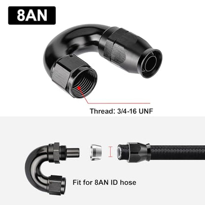 8AN 180 Degree PTFE One Piece Full Flow End Hose Fitting Aluminum Black