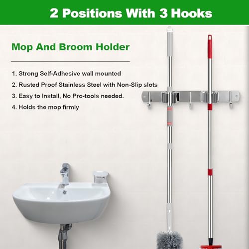 2 Racks and 3 Hooks Mop and Broom Holder Wall Mount