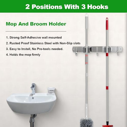 2 Racks and 3 Hooks Mop and Broom Holder Wall Mount