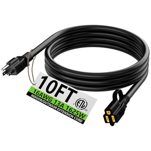 Indoor Outdoor Black Extension Cord 10 FT Waterproof 16
