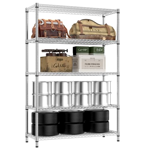 4250 LBS Garage Shelving Wide Storage Shelves 5 Tier Metal Shelves Heavy Duty Adjustable Utility Shelf Rack Chrome 17.7" D x 47.2" W x 70.4" H (5 Count)