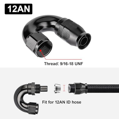 12AN 180 Degree PTFE One Piece Full Flow End Hose Fitting Aluminum Black