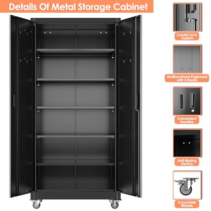 Garage Storage Cabinet with Wheels & Pegboard Doors