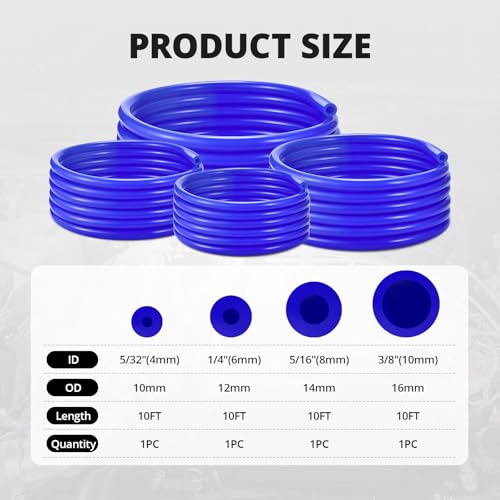 5/32 1/4 5/16 3/8 Silicone Vacuum Tubing Hose Line Kit 10FT 4PCS 130PSI Max Pressure Blue (4mm 6mm 8mm 10mm)