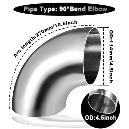 Cotonake 4.5 Inch Exhaust Elbow Pipe 90 Degree Bend Elbow for Car Modified Exhaust System 4.5" Piping Silver Tone