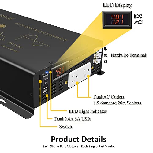 3000W Pure Sine Wave Power Inverter 48VDC to 120VAC 6000W Peak Dual AC Outlets 2× 2.4A USB Port &Hardwire Terminal Off