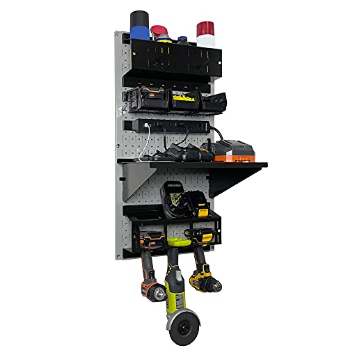 Power Tool Storage Organizer Kit Cordless Drill Holder Charging Station Rack 16” x 32” Metal Pegboard Organization System