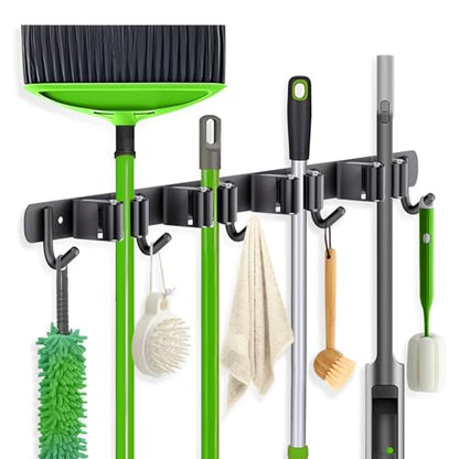 Wall Mount Broom Holder 4 Racks 5 Hooks Metal Tool Organizer Black