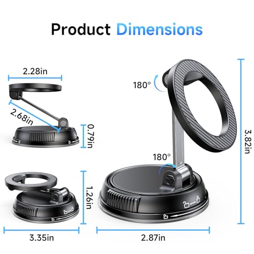 Car Phone Holder for Magsafe [78+LBS Strongest Suction & 2400gf Strongest Magnetic] 360° Adjustable Car Phone Mount