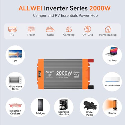 2000W Pure Sine Wave Power Inverter 12V DC to 120V AC