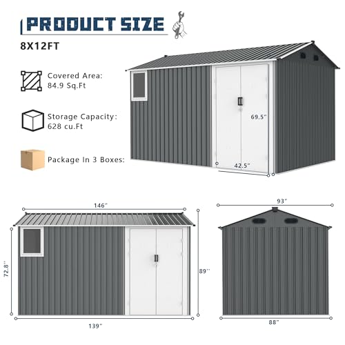 8x12 Ft Outdoor Storage Shed with Floor Frame and Window