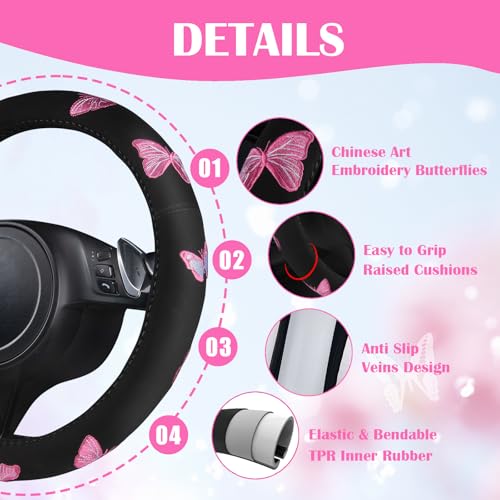 Embroidery Butterfly Steering Wheel Cover and Waterproof Car Floor Mats