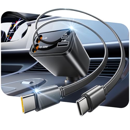 Smaller 4 in 1 Retractable Car Charger with Dual Type C Cords