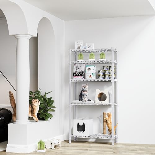1250 lbs 5 Tier Shelf Metal Storage Shelves Wire Rack Closet Organizers for Garage Kitchen Bathroom Laundry White 11.8" D x 29.5" W x 59.5" H (5 Count)
