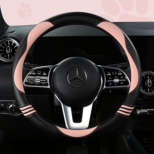 Car Steering Wheel Covers for Women Girl Padded Carbon Fiber PU Leather Cute Cartoon Auto Interior Accessories for Jeep