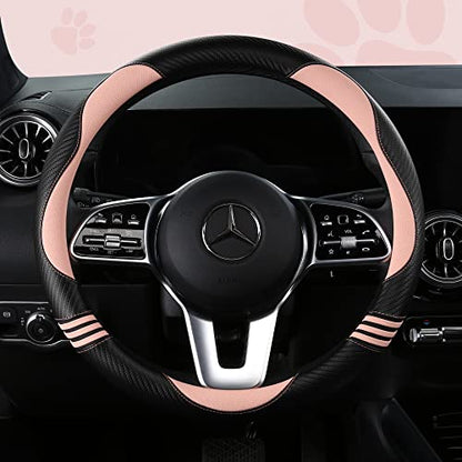 Car Steering Wheel Covers for Women Girl Padded Carbon Fiber PU Leather Cute Cartoon Auto Interior Accessories for Jeep