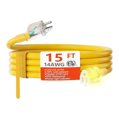 14 Gauge Heavy Duty Outdoor Extension Cord 15 FT Waterproof