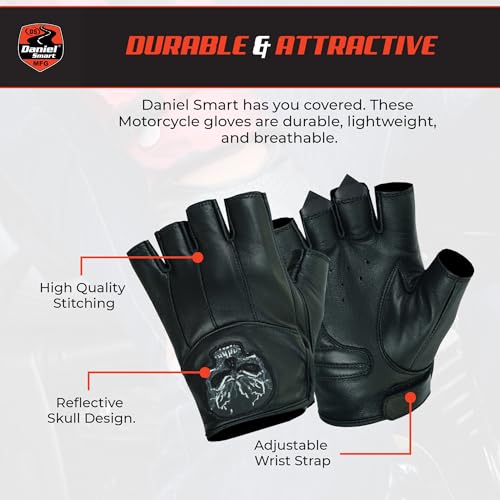Men's Reflective Skull Fingerless Leather Motorcycle Gloves by Daniel Smart Manufacturing