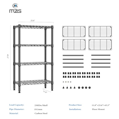 1000 lbs 4 Tier Shelf Metal Storage Shelves Wire Rack Closet Organizers for Garage Kitchen Bathroom Laundry Black 11.8" D x 25.6" W x 45.5" H (4 Count)