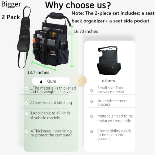 2 Pack Front or Seat back organizer seat side pocket with dedicated tablet and 17 IN laptop storage stabilizers external stabilizing side straps soft adjustable shoulder straps