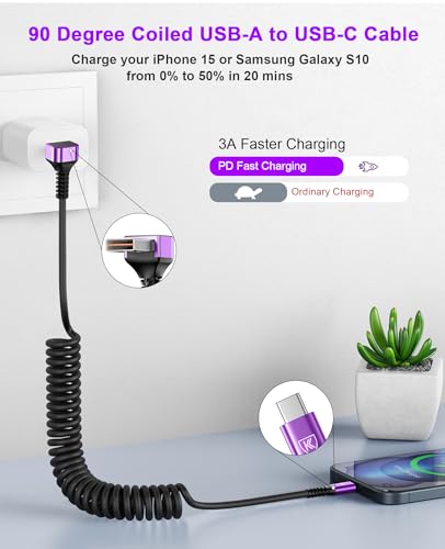 90 Degree USB A to USB C Cable 6FT Coiled USB (2 Count)