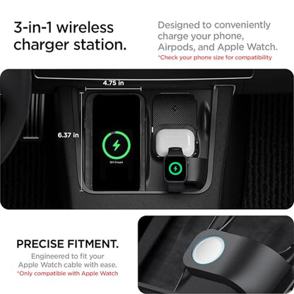 3-in-1 Organizer Mount for Legacy Tesla Model Y 2022-2024 & Model 3 2022-2023 (Watch Charger Not Included) - Uses Tesla Wireless Charging Pad - for iPhone, AirPods, Apple Watch