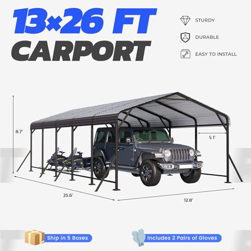 13x26 Metal Carport Heavy Duty Carport Canopy with Upgraded Triangular Reinforced Base Galvanized Steel Roof Car Port Garage Shelter for Vehicle Boat Tractor Storage Grey