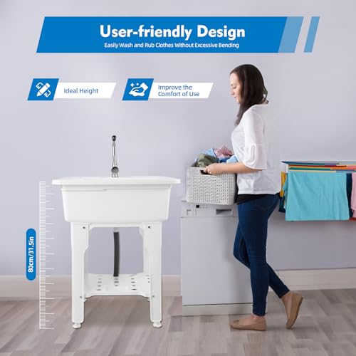 Freestanding Utility Sink Plastic Laundry Sink Spacious Laundry Tub Sink with Storage Shelf Indoor Outdoor Slop Sink Wash Station for Bathroom Laundry Washing Room