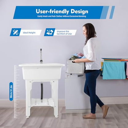 Freestanding Utility Sink Plastic Laundry Sink Spacious Laundry Tub Sink with Storage Shelf Indoor Outdoor Slop Sink Wash Station for Bathroom Laundry Washing Room