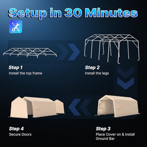 Heavy Duty 10X20 ft Carport Outdoor Patio Portable Canopy Storage Shelter Shed with 2 Rolled up Zipper Doors & Vents for Snowmobile Garden Tools