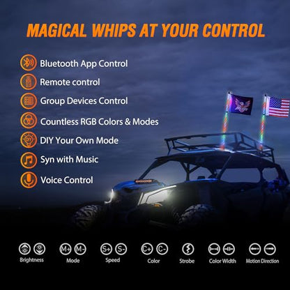 2PCS 2FT RGB LED Whip Light with Extra Stop Turn Reverse Lights