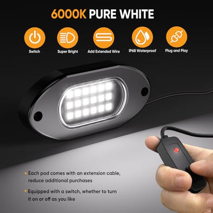 Pure White LED Rock Lights for UTV 6 Pods with Switch 6000K (6 Count)
