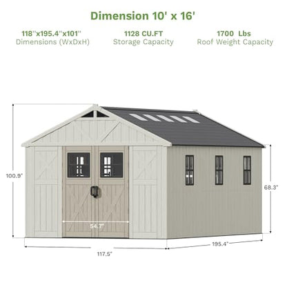 10x16 FT Resin Outdoor Storage Shed with Floor and Skylight