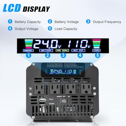 3000 Watt Power Inverter 24V to 110V 120V DC to AC with 4 AC Outlets