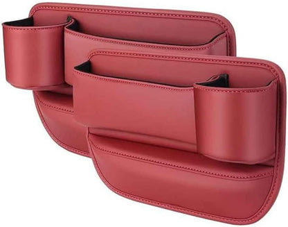 2 Pcs Car Seat Gap Filler Organizer for Tesla Model Y 2021-2023, PU Leather Front Seat Storage Box Console Side Pockets with Cup Holder Charging Cable Hole,D/Red