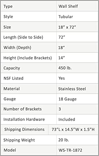 18 in. x 72 in. NSF Stainless Steel Tubular Wall Shelf