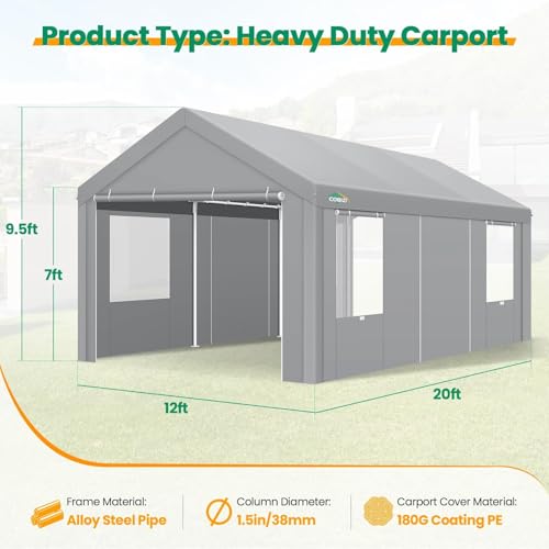 12x20 FT Heavy Duty Carport with Galvanized Frame