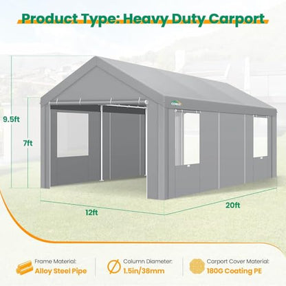12x20 FT Heavy Duty Carport with Galvanized Frame
