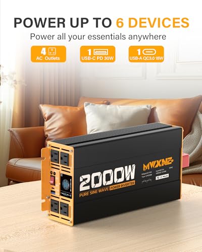 2000W Pure Sine Wave Inverter 12V DC to 110V 120V AC Car Converter for RV Truck Off
