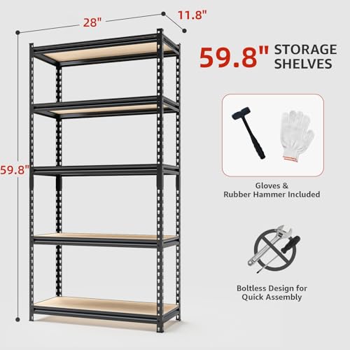 Storage Shelves Garage Shelving Heavy Duty 5 Tier Metal Shelving Units for Storage Adjustable Utility Shelf Rack for Kitchen Warehouse Basement 28" W x 11.8" D x 59.8" H