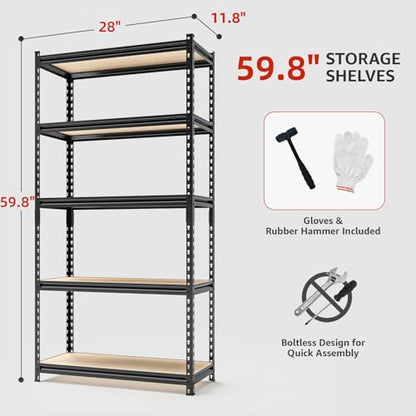 Storage Shelves Garage Shelving Heavy Duty 5 Tier Metal Shelving Units for Storage Adjustable Utility Shelf Rack for Kitchen Warehouse Basement 28" W x 11.8" D x 59.8" H