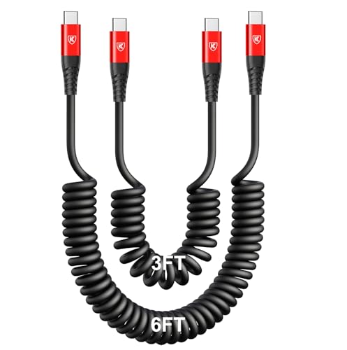Coiled USB C Cable for Car 3FT&6FT USB C to C Fast Charging Cable CarPlay (2 Count)