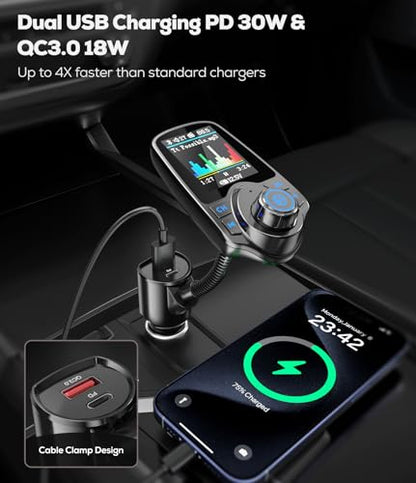 1.8" Color Screen 48W Bluetooth 5.4 Car Adapter FM Transmitter