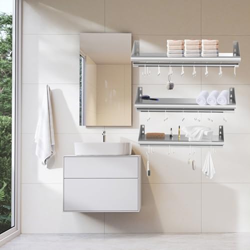 12"x36" Stainless Steel Wall Mount Floating Shelving with 6 Hooks